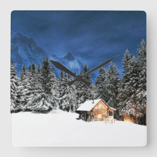 Log Cabin Mountain View Square Wall Clock