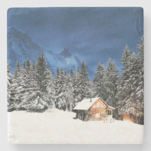 Log Cabin Mountain View Stone Coaster