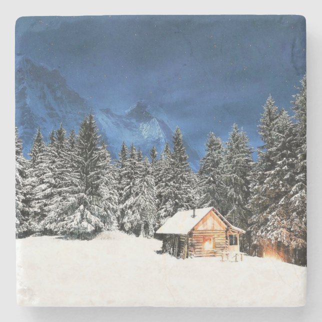 Log Cabin Mountain View Stone Coaster (Front)