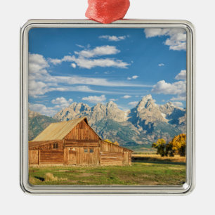 Log Cabin Near Mountain Range Metal Ornament