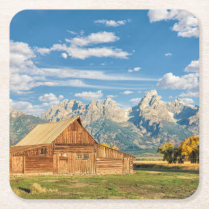 Log Cabin Near Mountain Range Square Paper Coaster