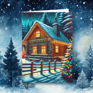 Log Cabin on Christmas Eve Personalised Card