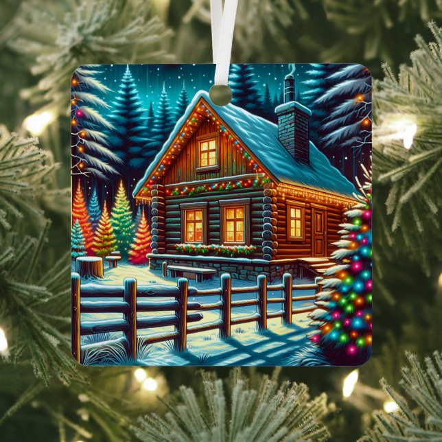 Log Cabin on Christmas Eve Personalised Metal Tree Decoration (Insitu)