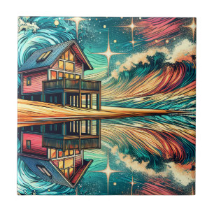 Log Cabin on the Beach Ai Art   Ceramic Tile