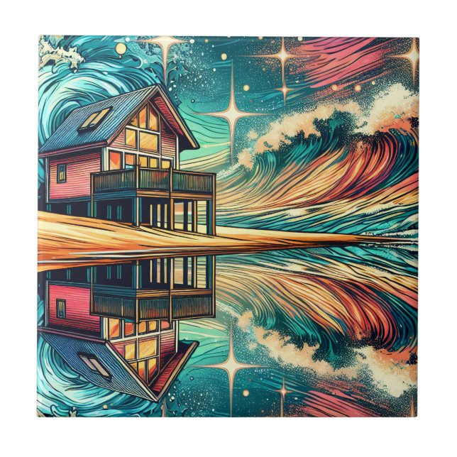 Log Cabin on the Beach Ai Art   Ceramic Tile (Front)