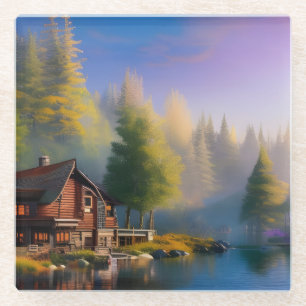Log Cabin on the Lake Glass Coaster