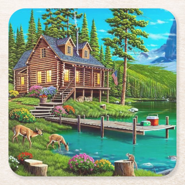 Log Cabin on the Water Fine Art Square Paper Coaster (Front)