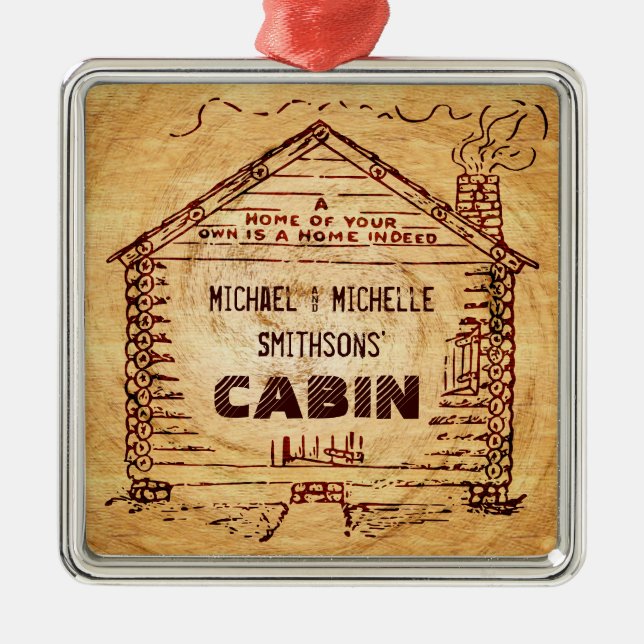 Log Cabin Personalised Faux Wood Metal Tree Decoration (Front)