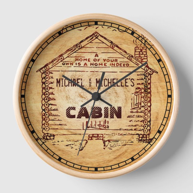 Log Cabin Personalised Faux Wood Wall Clock (Front)