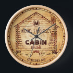 Log Cabin Personalised Name and Monogram Faux Wood Clock<br><div class="desc">This rustic, custom cabin design has a swirled, faux wood look that gets lighter in the middle. Inside the old-fashioned cabin drawing, you can add your name and monogram, with your established date below. The word "CABIN" can also be changed to "HOME" or another short word. The design is done...</div>