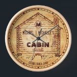 Log Cabin Personalised Name and Monogram Faux Wood Clock<br><div class="desc">This rustic, custom cabin design has a swirled, faux wood look that gets lighter in the middle. Inside the old-fashioned cabin drawing, you can add your name and monogram, with your established date below. The word "CABIN" can also be changed to "HOME" or another short word. The design is done...</div>