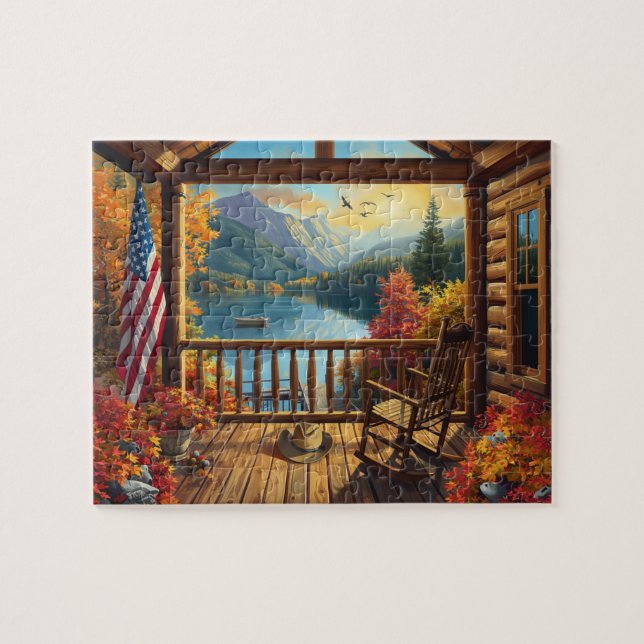 Log Cabin Porch Autumn Mountain Lake View Jigsaw Puzzle (Horizontal)