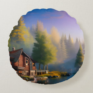 Log Cabin Retreat on the water Round Cushion