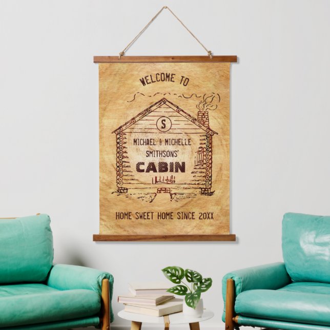 Log Cabin Rustic Wood Look | Personalised Welcome Hanging Tapestry (Living Room)