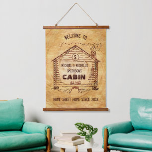 Log Cabin Rustic Wood Look   Personalized Welcome Hanging Tapestry