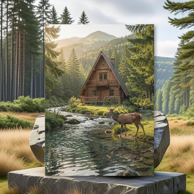 Log Cabin, Stream and Deer, Father's Day Card (Creator Uploaded)