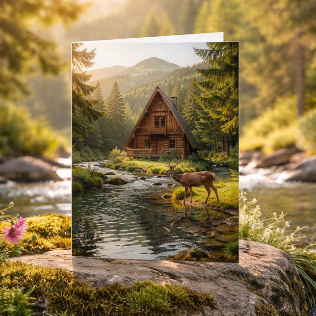 Log Cabin, Stream and Deer, Happy Birthday Card (Creator Uploaded)