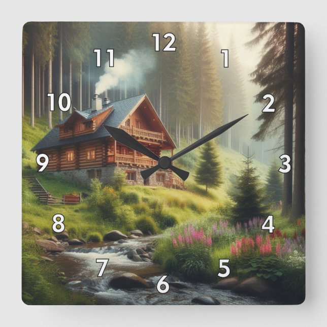 Log Cabin, Stream and Flowers in the Woods Square Wall Clock (Front)