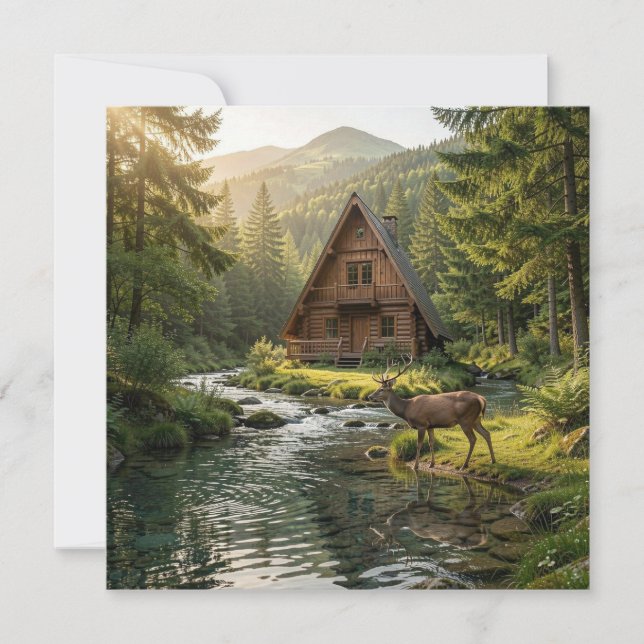 Log Cabin, Stream, Mountains and Deer Nature Art (Front)