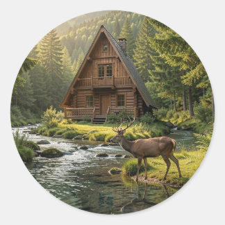 Log Cabin, Stream, Mountains and Deer Nature Art Classic Round Sticker