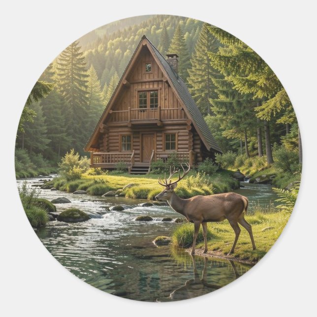 Log Cabin, Stream, Mountains and Deer Nature Art Classic Round Sticker (Front)