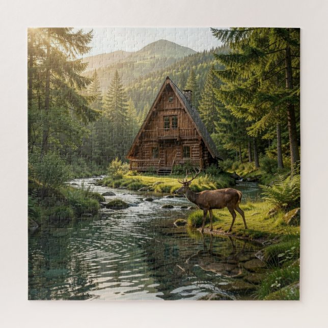 Log Cabin, Stream, Mountains and Deer Nature Art Jigsaw Puzzle (Vertical)