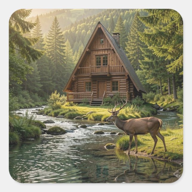 Log Cabin, Stream, Mountains and Deer Nature Art Square Sticker (Front)