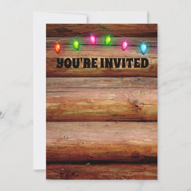 LOG CABIN WALL STRING LIGHTS CUSTOM INVITATIONS  (Front)