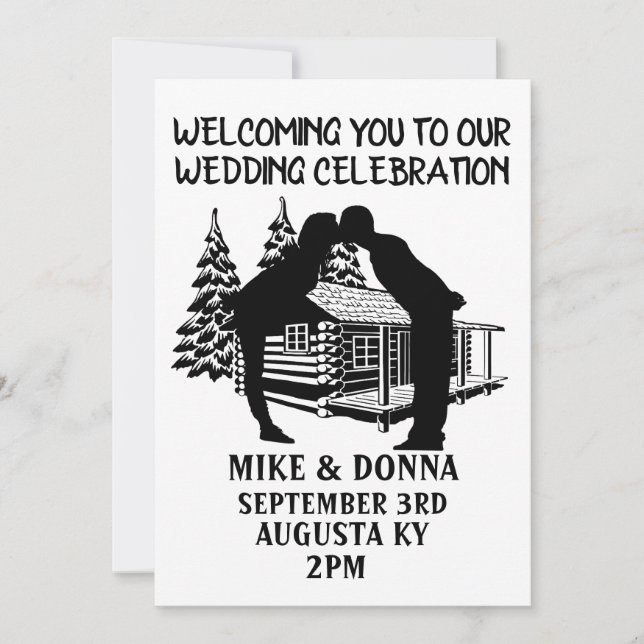 LOG CABIN WEDDING KISSING COUPLE INVITATIONS (Front)