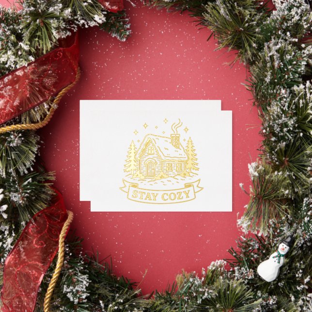 Log House Stay Cozy Gold Foil Holiday Card (Insitu)