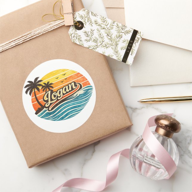 Logan Retro Sunset Name Design Classic Round Sticker (Gifting)