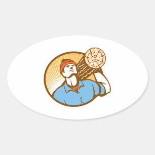 Logger Forester Lumberjack Carry Log Retro Oval Sticker