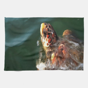 Loggerhead Sea Turtle Artistic Portrait Tea Towel