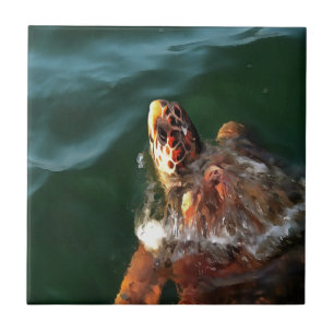 Loggerhead Sea Turtle Artistic Portrait Tile