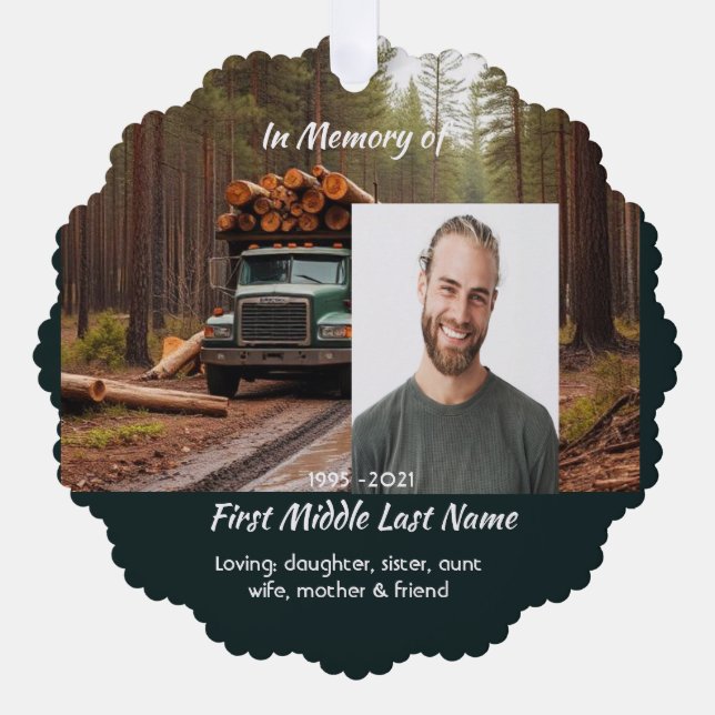 Logging Truck Driver  Memorial Keepsake  Tree Decoration Card (Front)