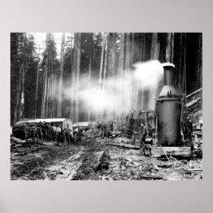 LOGGING with STEAM DONKEY c. 1879 Poster