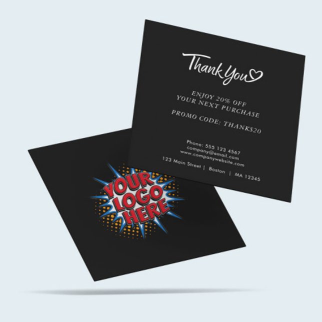 Logo and Custom Discount Code Black Square Business Card (Creator Uploaded)