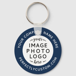 Logo and custom text blue white round keychain