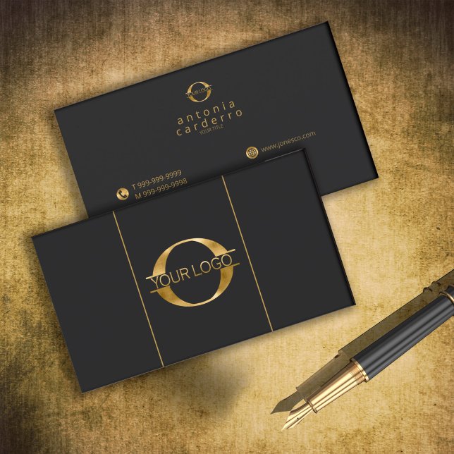 Logo and Social Media Icons Gold Foil/Bk Hor ID810 Business Card (Creator Uploaded)