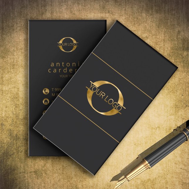 Logo and Social Media Icons Gold Foil/Bk Vrt ID810 Business Card (Creator Uploaded)