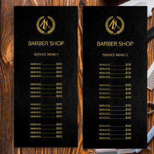 Logo barber shop gold black leather service menu