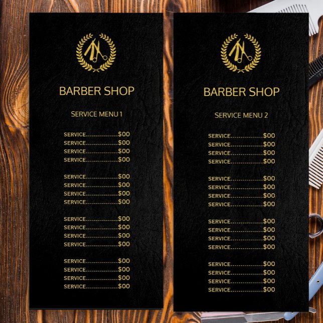 Logo barber shop gold black leather service menu (Creator Uploaded)