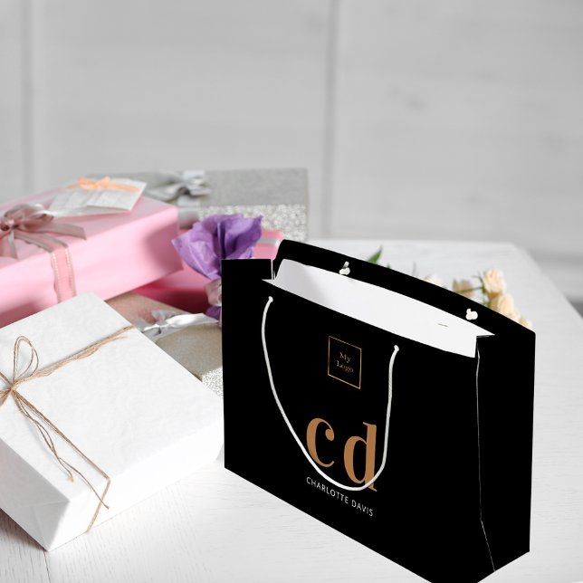 Logo black gold monogram initials shopping large gift bag (Creator Uploaded)