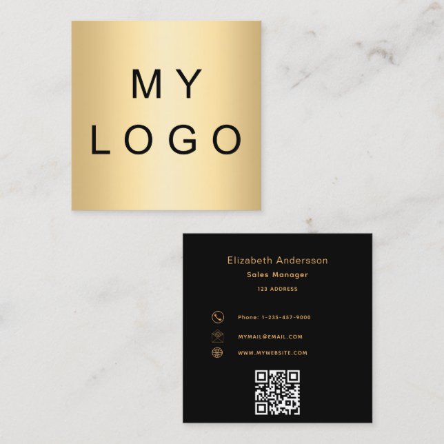 Logo black gold qr code square business card (Front/Back)