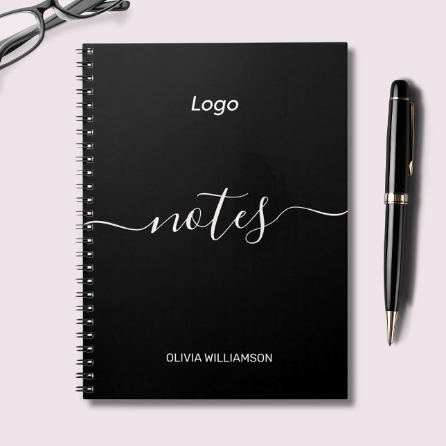 Logo Black Professional Business Notebook (Customizable logo notebook with script 'notes' text.  Add your own name or custom text and own logo.)