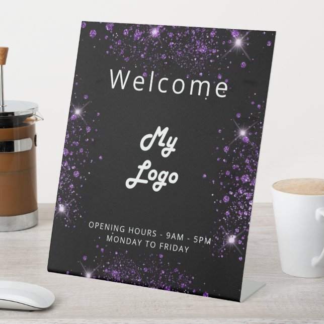 Logo black purple glitter welcome business pedestal sign (In SItu)