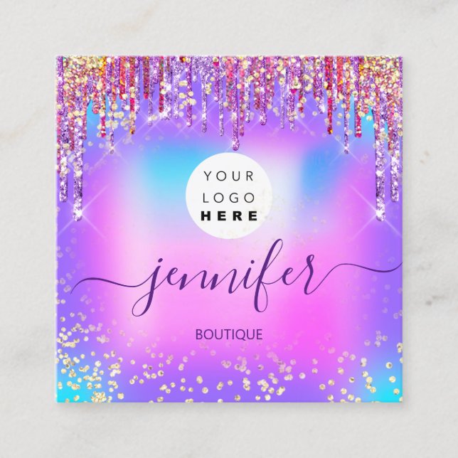 Logo Boutique Shop Glitter Drips Holograph Pink Square Business Card (Front)