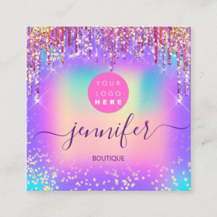 Logo Boutique Shop Glitter Drips Holograph Square Business Card