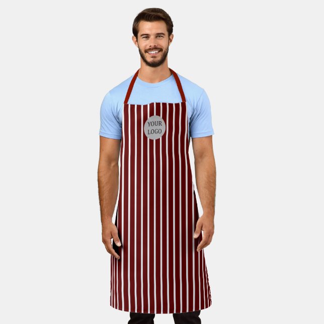 Logo Burgundy White Simple Elegant Stripes Pattern Apron (Worn)