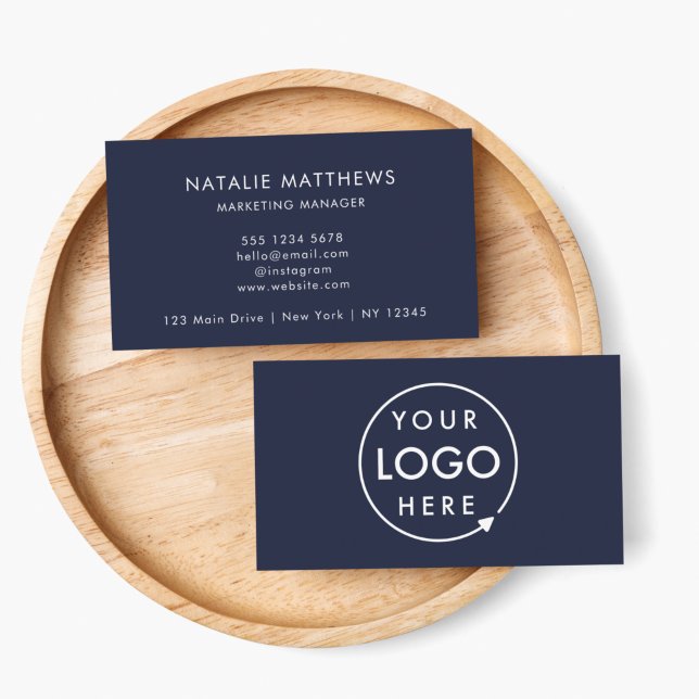 Logo Business Card | Modern Professional Navy Blue (Create a professional look with this horizontal navy blue business card design with your logo.)